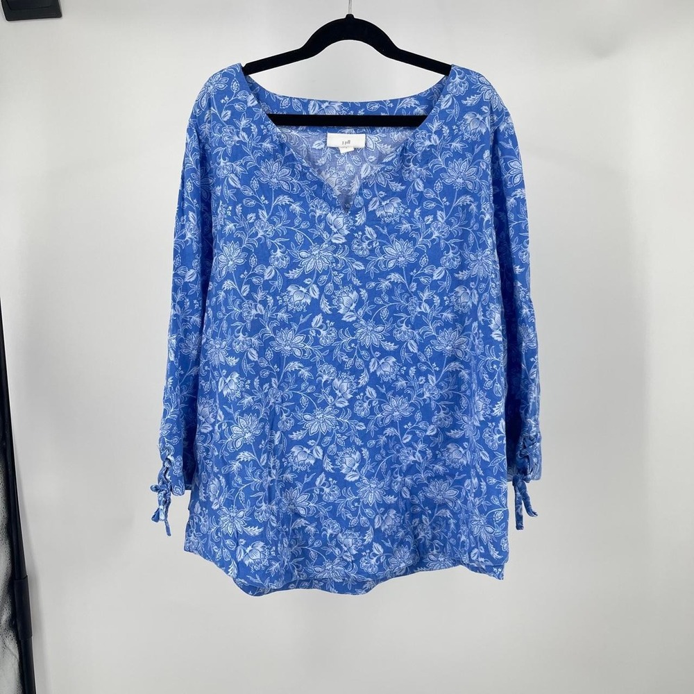 J Jill Floral Linen Blend Coastal Tunic Top S Oversized V Neck Travel Resort